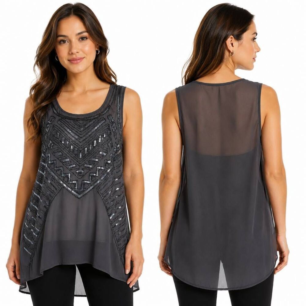 Studio Y L Gray Sequin Sheer Sleeveless Tunic Top